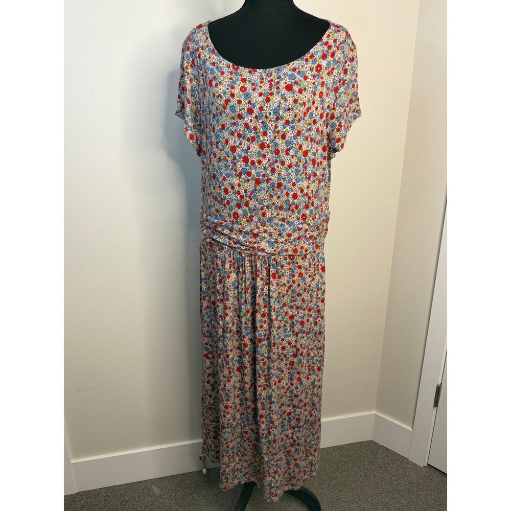 Boden Floral Scoop-Neck Maxi Dress in White with Red & Blue Blooms